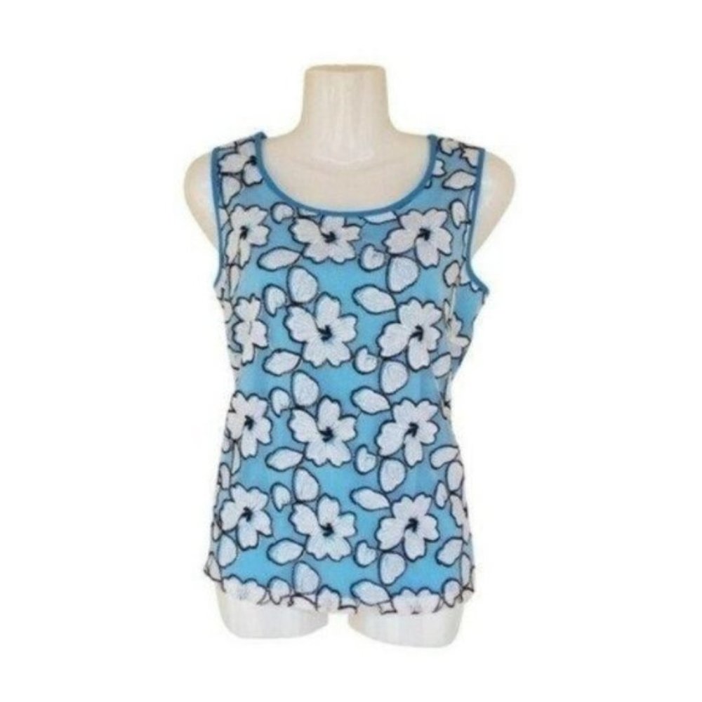 Joy & Co Floral Blue White Sleeveless Top Medium
